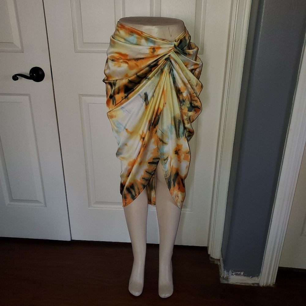 Orange Tie Dye Ruched Side Midi Skirt Open Side Beachy Sexy Sophisticated 6